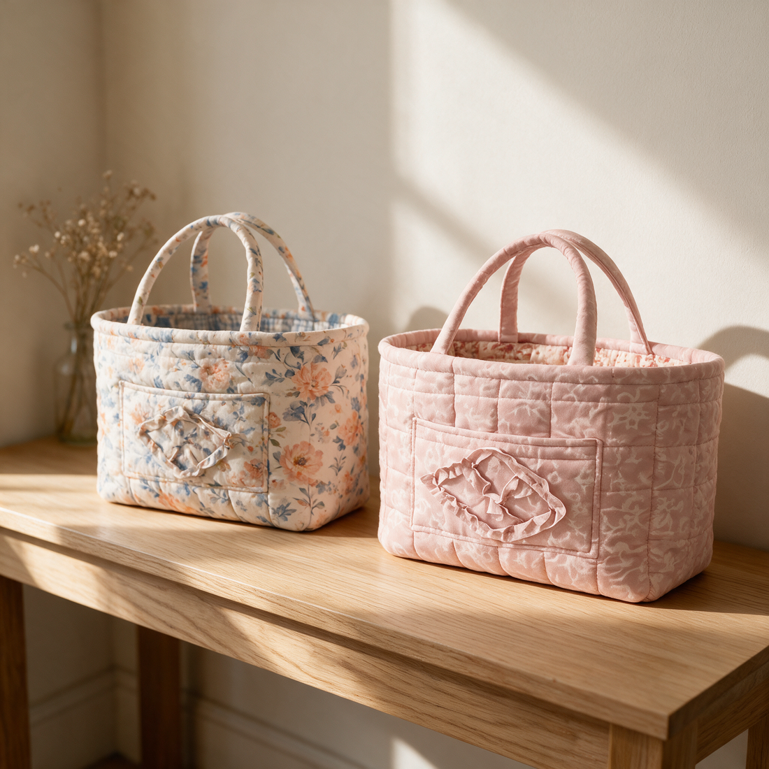 Two Bobbin quilted baskets on an oak console in soft morning light