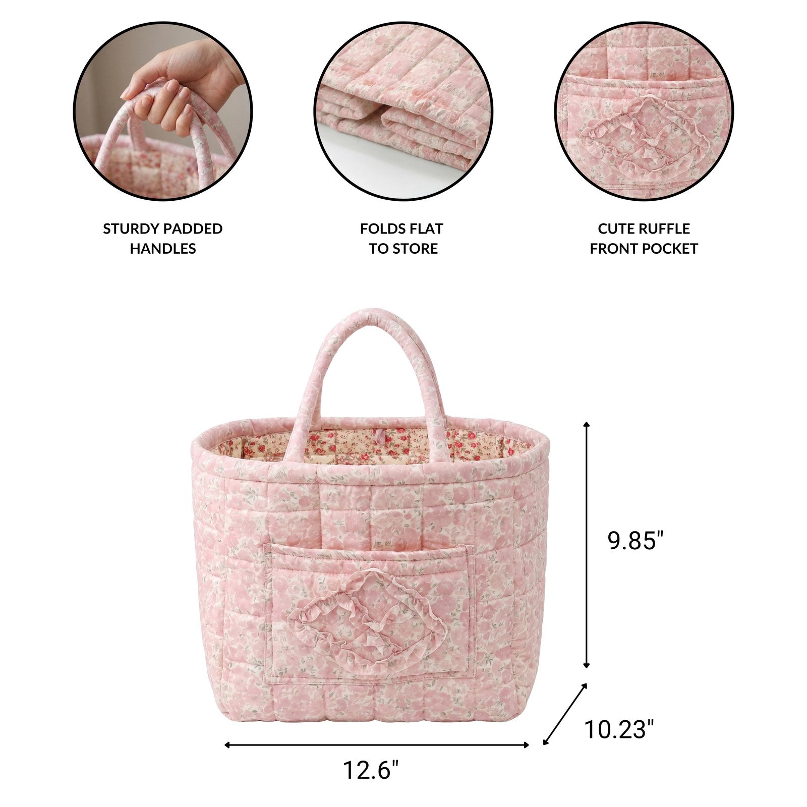 Bobbin features and dimensions: 12.6 by 10.2 by 9.8 inches, padded handles, folds flat, ruffle front pocket
